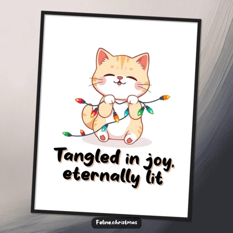 Funny Free Printable Wall Art: Kawaii cat playfully wrestling with bright festive lights, creating a whimsical and humorous scene.