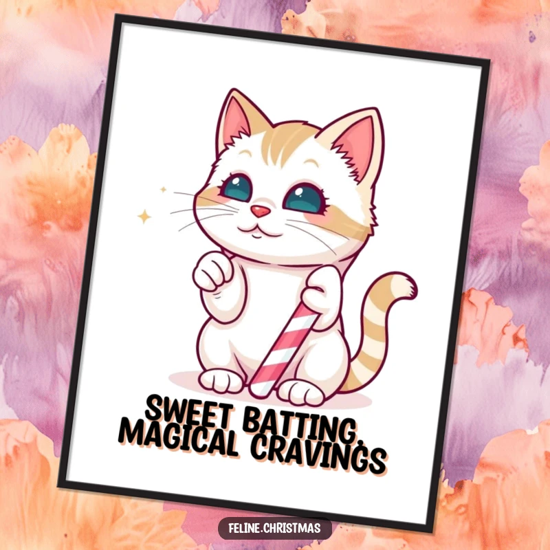 Funny Free Printable Wall Art: Kawaii cat playfully batting at a magical, edible candy cane, creating a sweet scene.