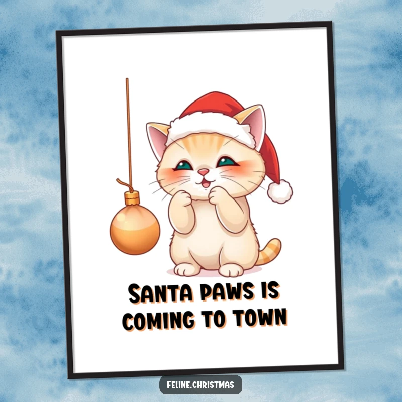 Funny Free Printable Wall Art: Cute cat in Santa hat playfully batting a sparkly Christmas ornament, festive and fun.