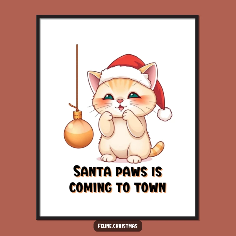 Free Printable Wall Art: Funny Santa Cat Playing with Ornament - DIY Downloadable Decor