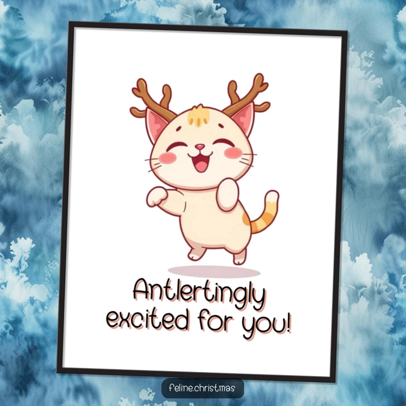 Funny Free Printable Wall Art: Happy cat character wearing festive antlers, captured mid-joyful pounce, playful energy.