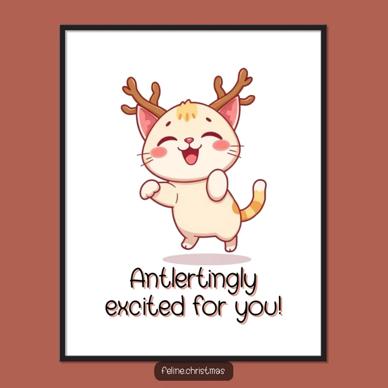 Free Printable Wall Art: Happy Cat Pouncing with Antlers - Festive DIY Decor