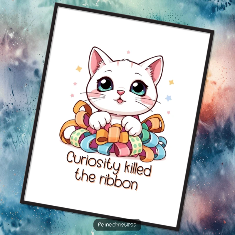 Funny Free Printable Wall Art: Kawaii cat with huge eyes peeking from a pile of colorful festive ribbon.