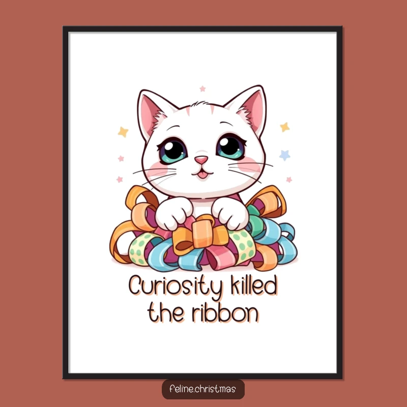 Free Printable Wall Art: Kawaii Cat in Festive Ribbon - Cute DIY Decor
