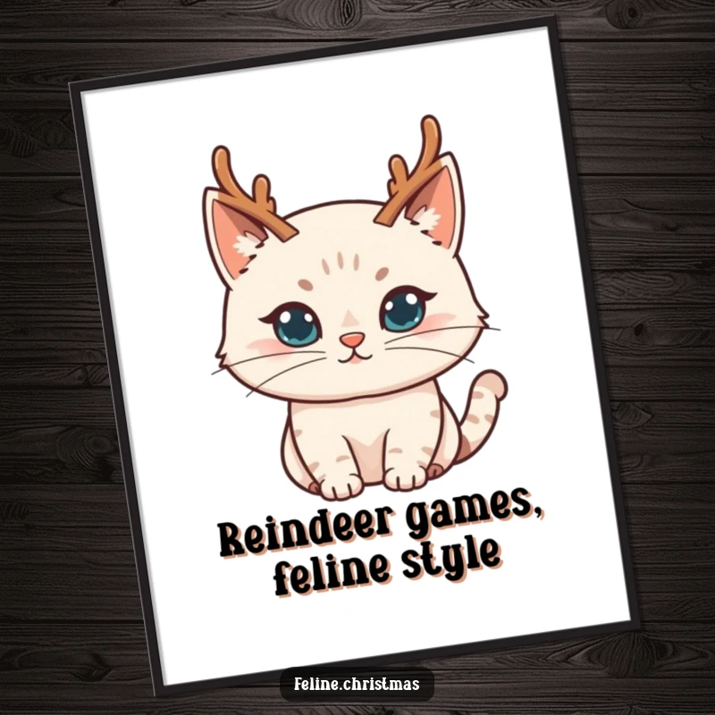 Funny Free Printable Wall Art: A cute cat wearing tiny reindeer antlers, sporting a mischievous expression, ready to spread cheer.