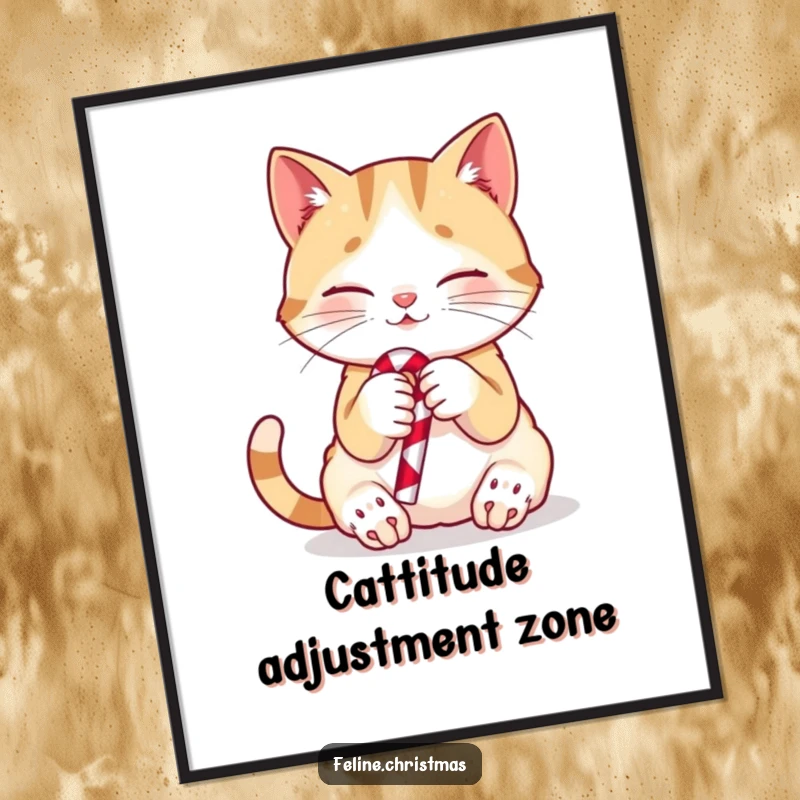 Funny Free Printable Wall Art of a playful cat with a small candy cane in its paws, purring contentedly.