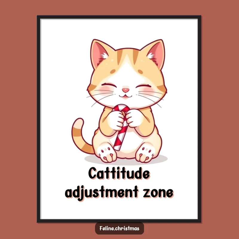 Free Printable Wall Art: Playful Cat with Candy Cane - Whimsical Downloadable Decor