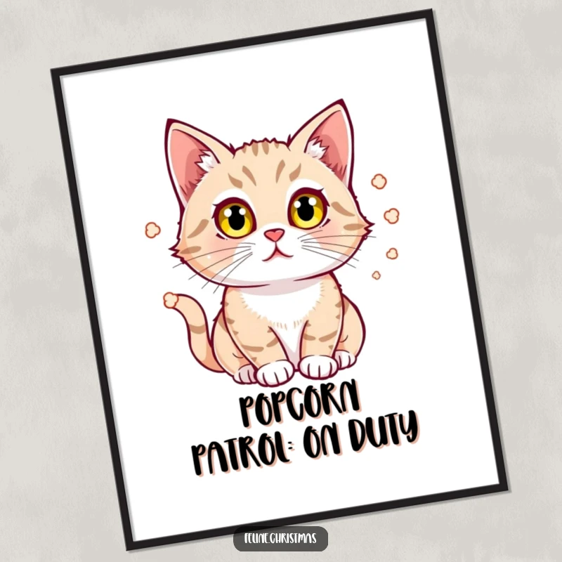 Funny Free Printable Wall Art: A cat with wide, bright eyes is completely captivated by the sight of bouncing popcorn.