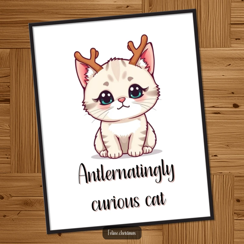 Funny free printable wall art: Cute kawaii cat wearing tiny reindeer antlers, with a sweet, curious expression.
