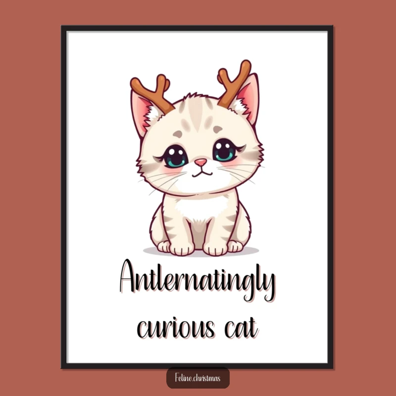 Funny Free Printable Wall Art: Curious Kawaii Cat with Antlers