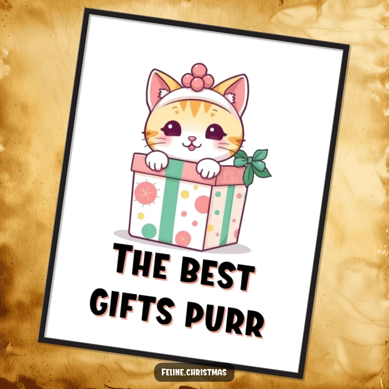 Funny free printable wall art: Festive kawaii cat peeking excitedly out of a beautifully decorated gift box.