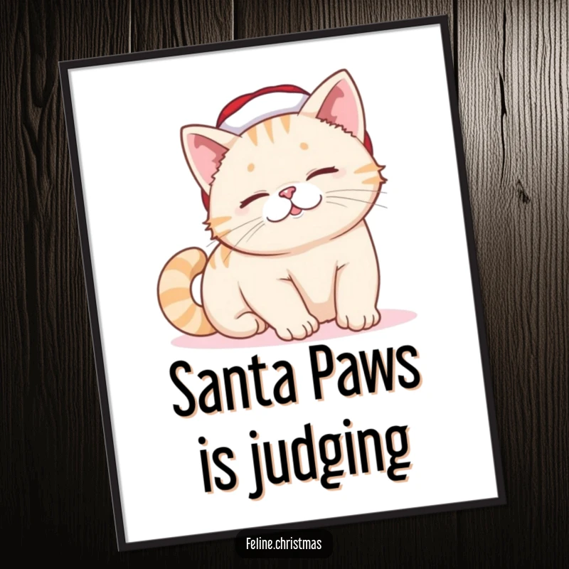 Funny Free Printable Wall Art: A cat wearing a miniature Santa hat stretches languidly, displaying a relaxed, contented smile.