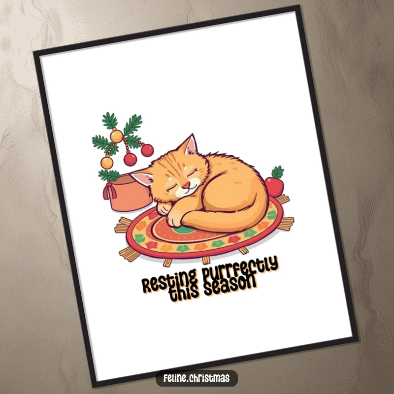 Funny free printable wall art depicting a fluffy ginger cat fast asleep in a comfortable ball on a colorful festive rug.