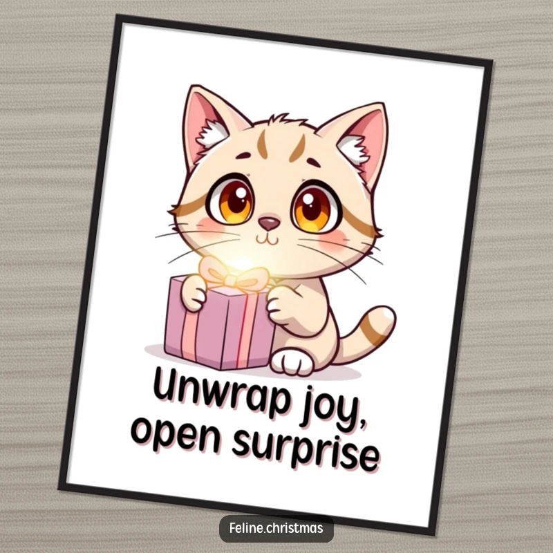 Funny Free Printable Wall Art: A cat with wide, astonished eyes gazes at a brightly glowing present, adding mystery and humor.