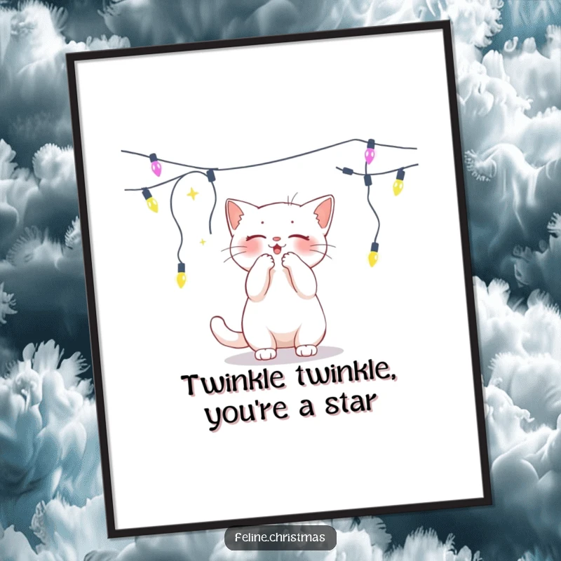 Funny free printable wall art showing a fluffy white cat energetically batting at a dangling string of colorful, illuminated lights.