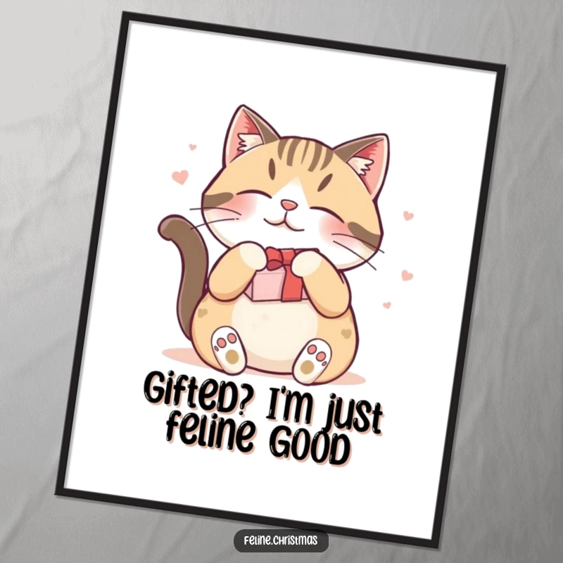 Funny Free Printable Wall Art: A content cat joyfully rubs against a festive gift box.