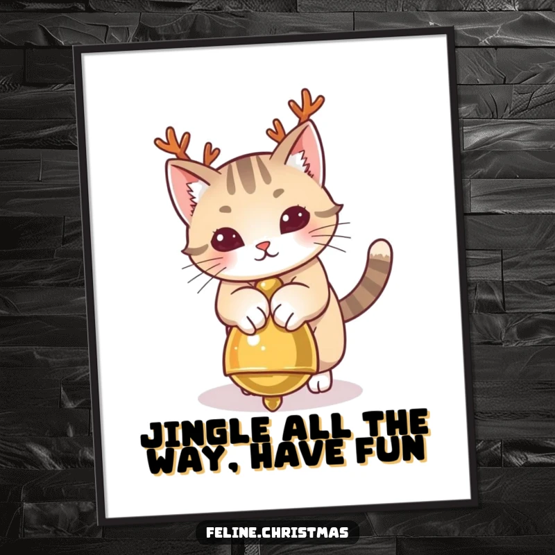 Funny Free Printable Wall Art of a cat with tiny antlers playfully pouncing on a jingle bell, perfect for festive decor.