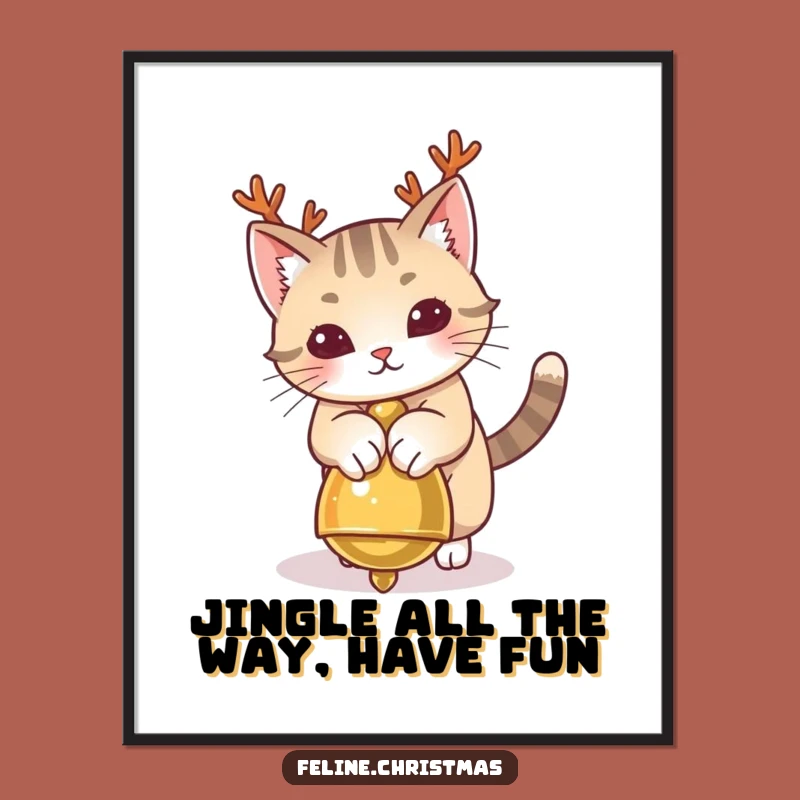 Funny Free Printable Wall Art: Antler Cat Jingle Bell Pounce Poster Gift