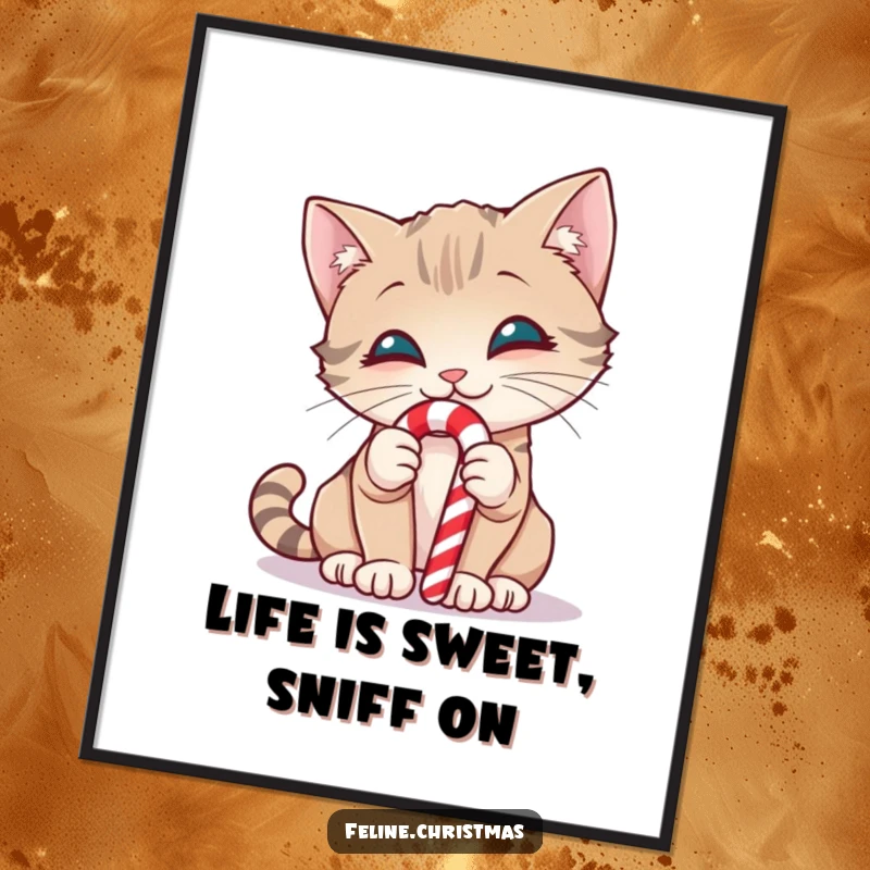 Funny Free Printable Wall Art: A cute cat with a smile curiously sniffs a red and white striped candy cane.