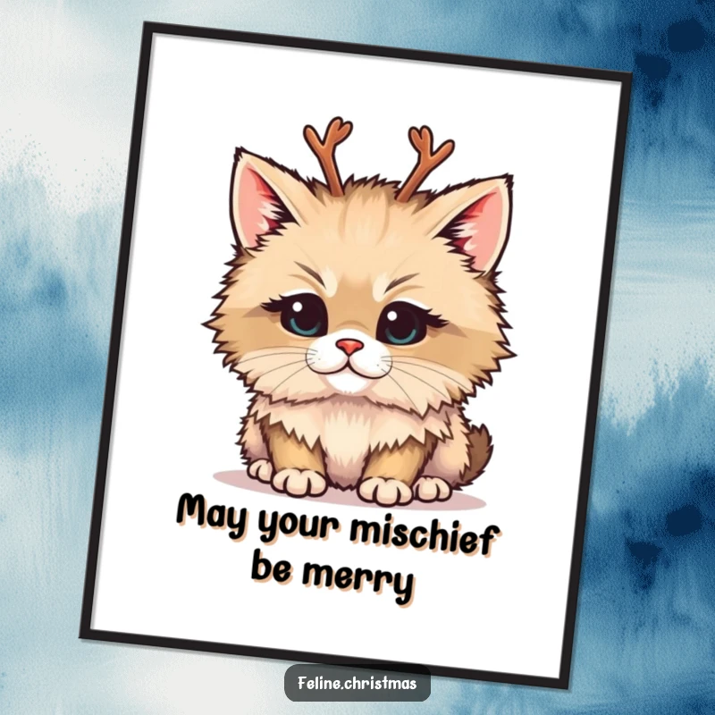 Funny Free Printable Wall Art: A fluffy cat wearing tiny reindeer antlers has a wonderfully mischievous and playful gaze.