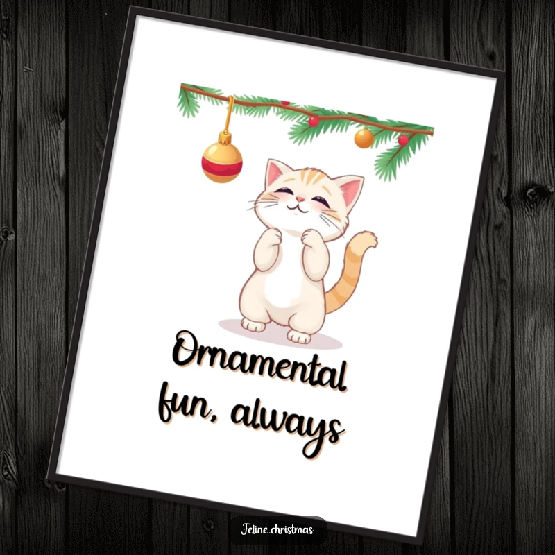 Funny free printable wall art: Cute kawaii cat playfully batting at a dangling, shiny Christmas ornament.