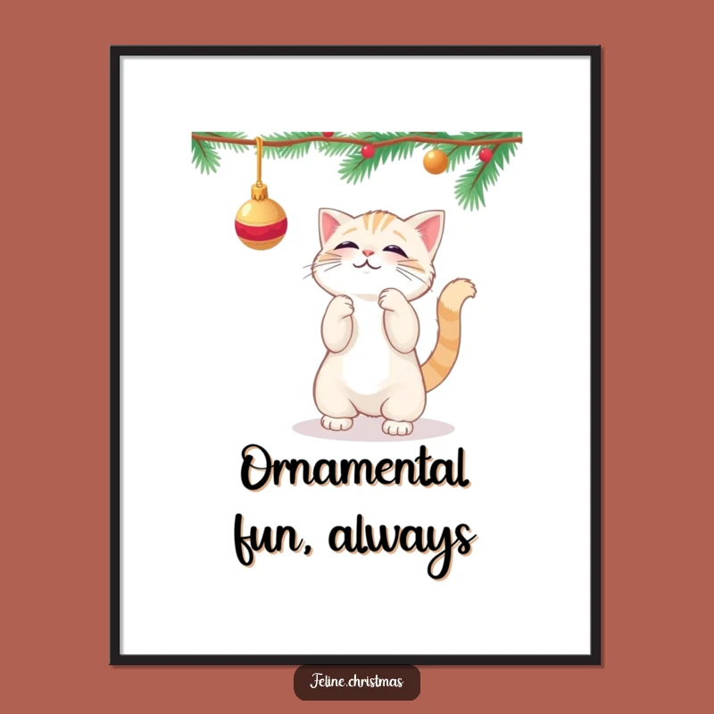 Funny Free Printable Wall Art: Kawaii Cat Playing with Ornament