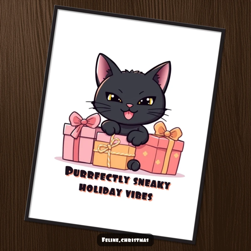 Funny free printable wall art of a black cat with a wide, mischievous grin hiding behind a stack of colorful presents.