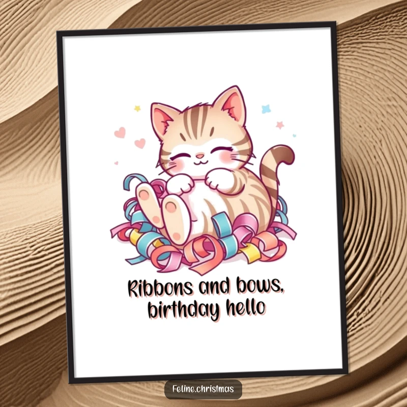 Funny Free Printable Striped Cat Wall Art: A kawaii striped cat happily rolling amidst a pile of festive ribbons.