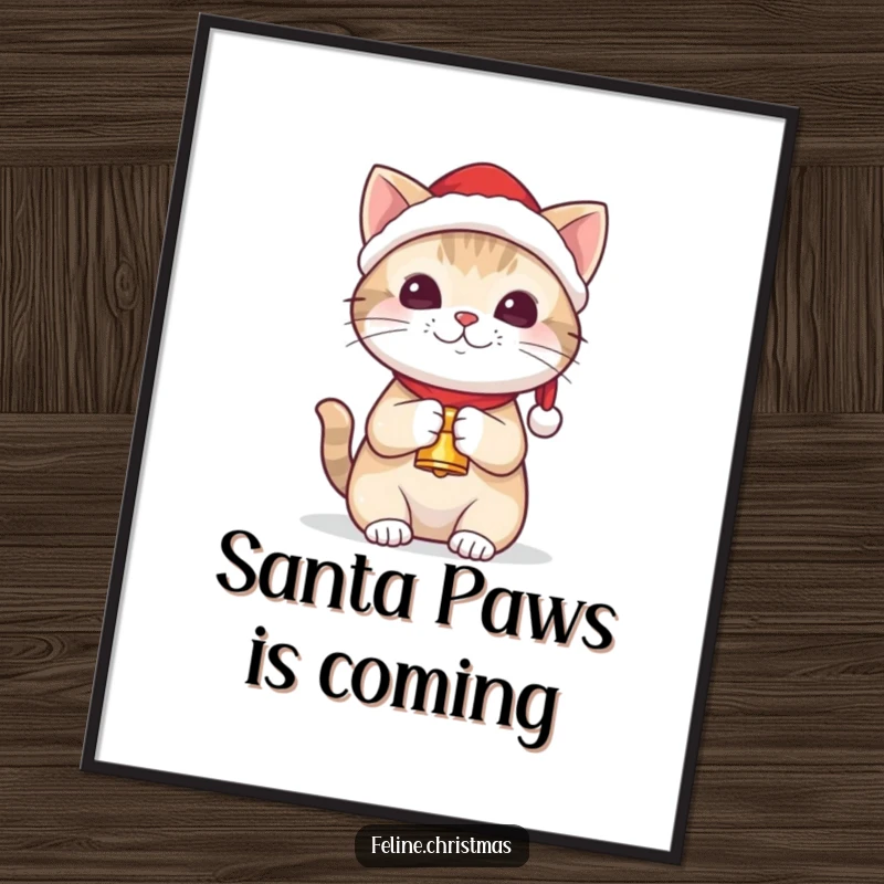 Funny free printable wall art: Adorable kawaii cat wearing a small Santa hat, holding a tiny festive bell.