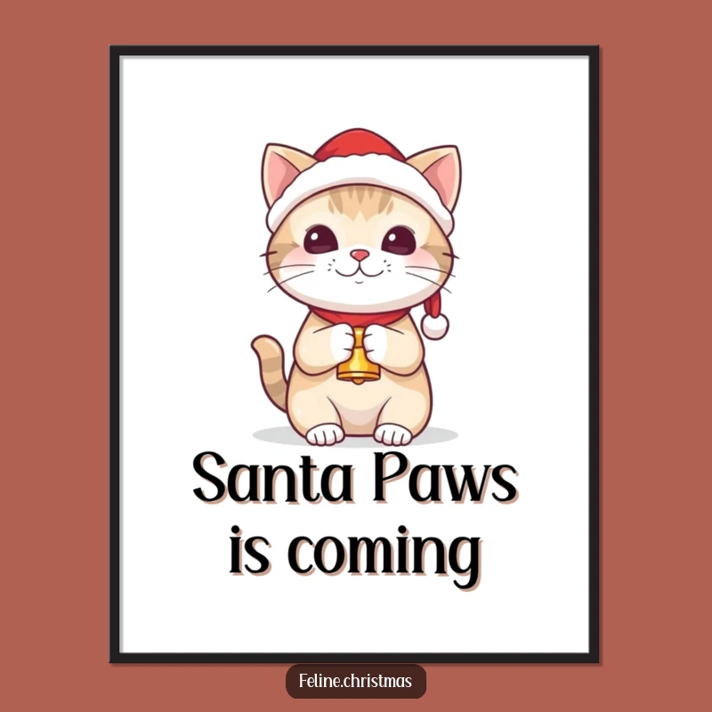Funny Free Printable Wall Art: Kawaii Cat with Santa Hat and Bell