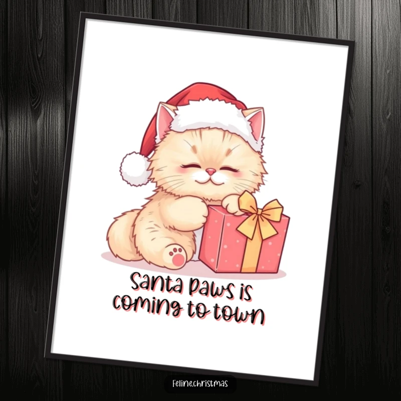 Funny free printable wall art of a kawaii Persian cat in a Santa hat, kneading a present, capturing holiday joy.