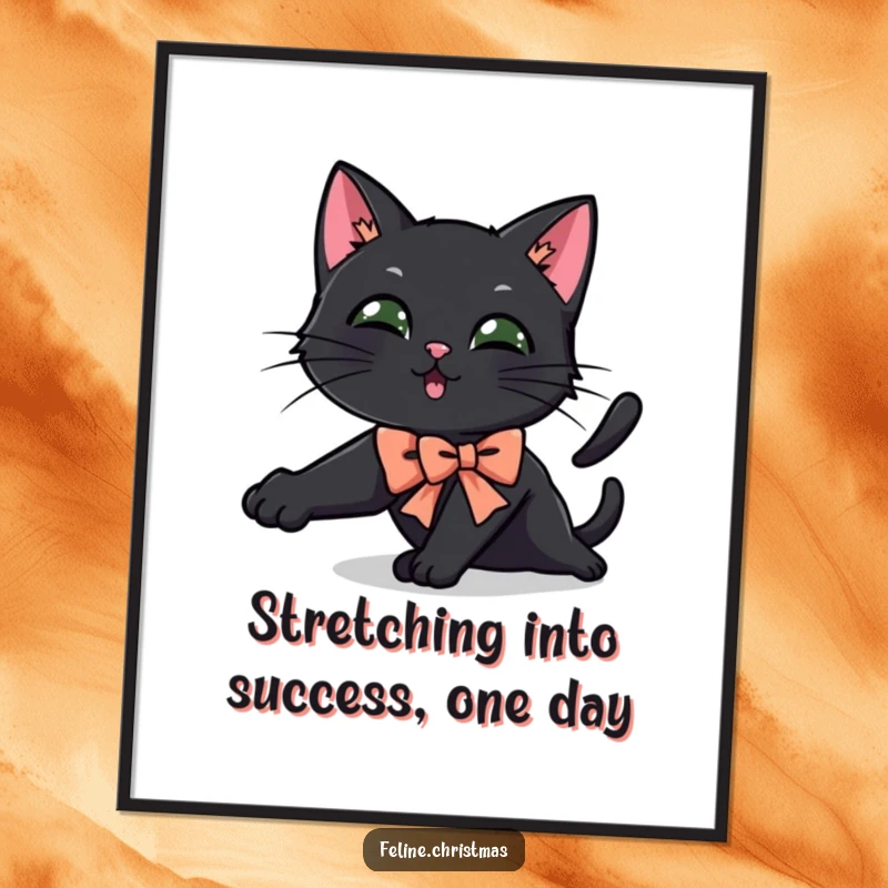 Funny Free Printable Wall Art: Sleek black cat wearing a festive bow, stretching out with playful grace.