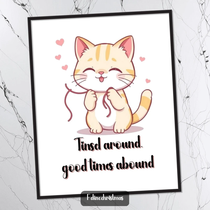 Funny Free Printable Wall Art: A kawaii cat gleefully playing and getting tangled in a colorful string of tinsel, full of joy.