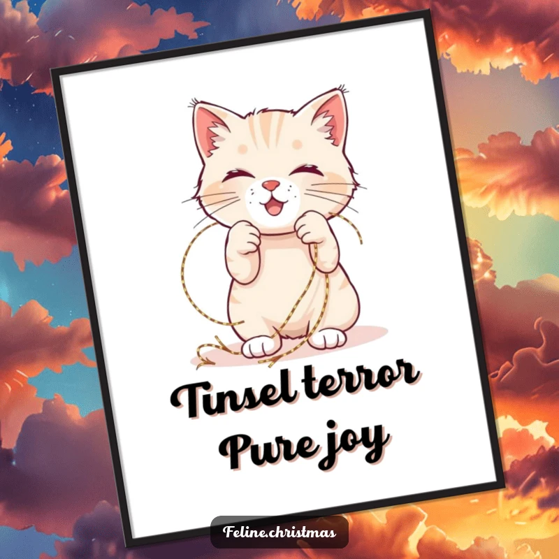 Funny Free Printable Wall Art: Cat Happily Playing with Shimmering Tinsel, Festive and Playful