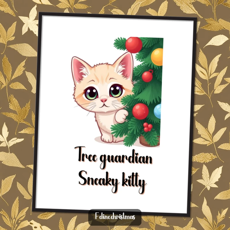Funny Free Printable Wall Art: Cat Peeking Out from Christmas Tree, Wide Eyes, Festive Decor