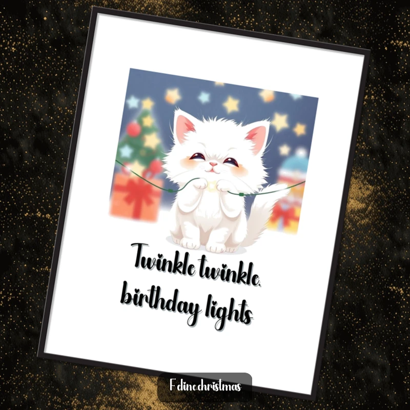 Funny Free Printable Christmas Cat Wall Art: A kawaii fluffy white cat playfully batting at sparkling Christmas lights.