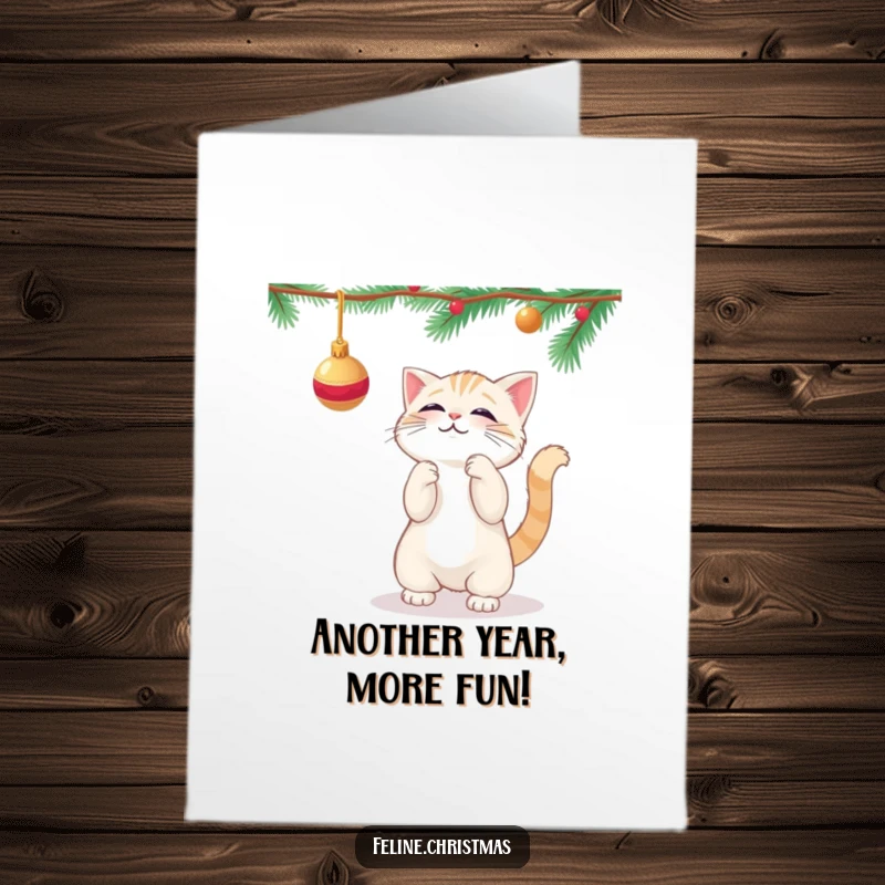 Funny free printable birthday card: Kawaii cat playfully batting at a dangling Christmas ornament, full of holiday mischief.