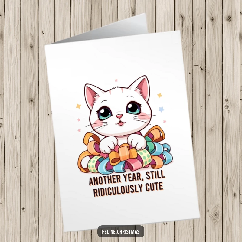 Funny Free Printable Birthday Card: Kawaii cat with huge eyes peeking from colorful festive ribbon pile.