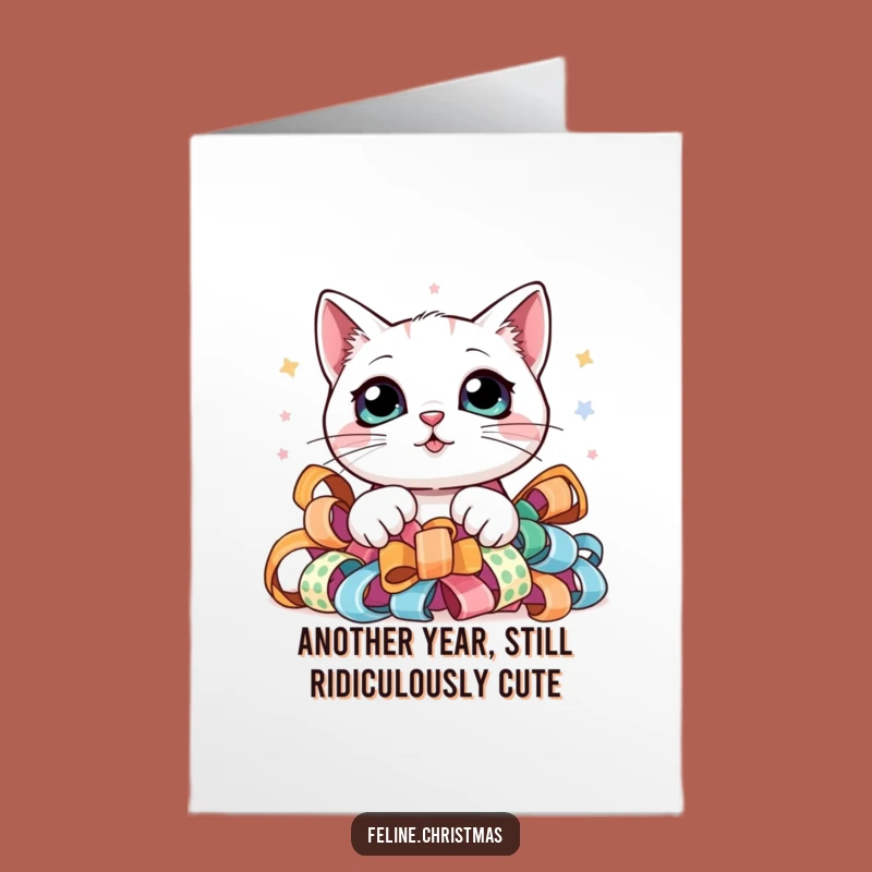 Free Printable Birthday Card: Curious Kawaii Cat in Ribbon - Cute DIY Download