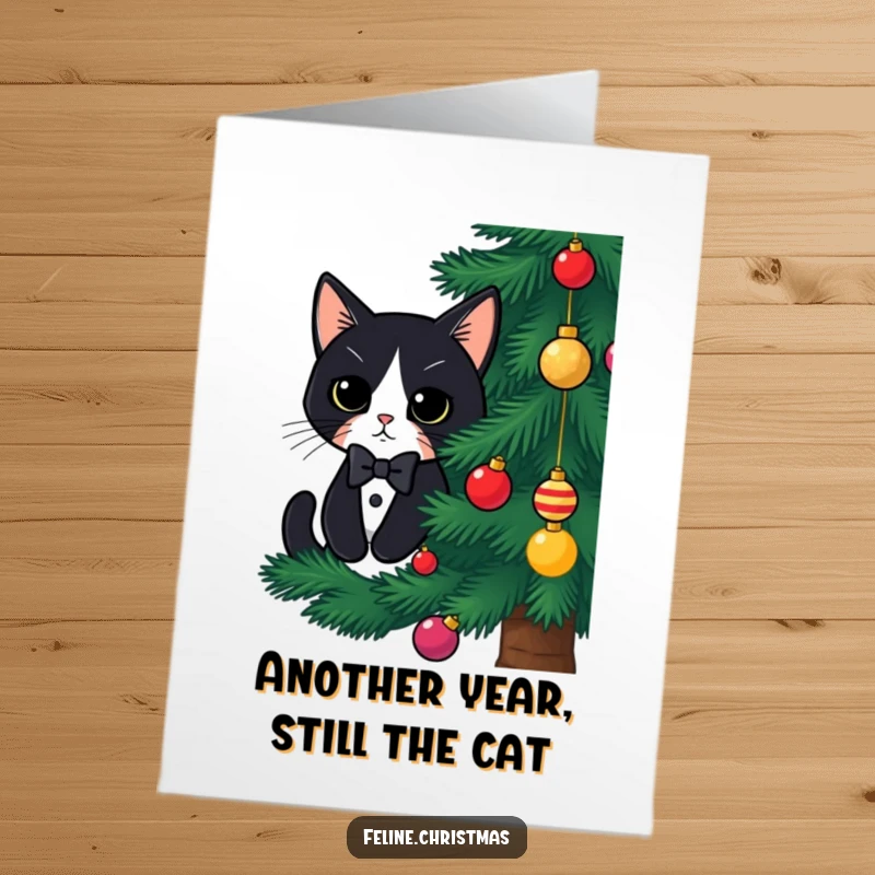 Funny free printable birthday card featuring a kawaii tuxedo cat peeking from behind a Christmas tree with a festive bow tie.