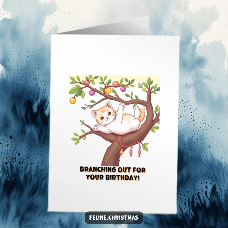 Funny Free Printable Birthday Card: A playful cat stretching languidly on a decorated tree branch, embodying birthday relaxation.