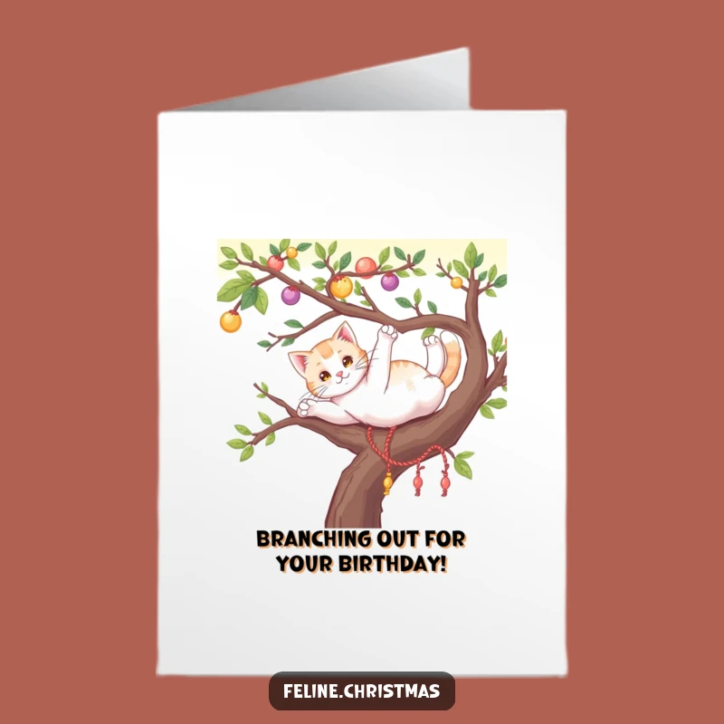 Free Printable Happy Birthday Card: Playful Cat on Tree Branch, Funny Download
