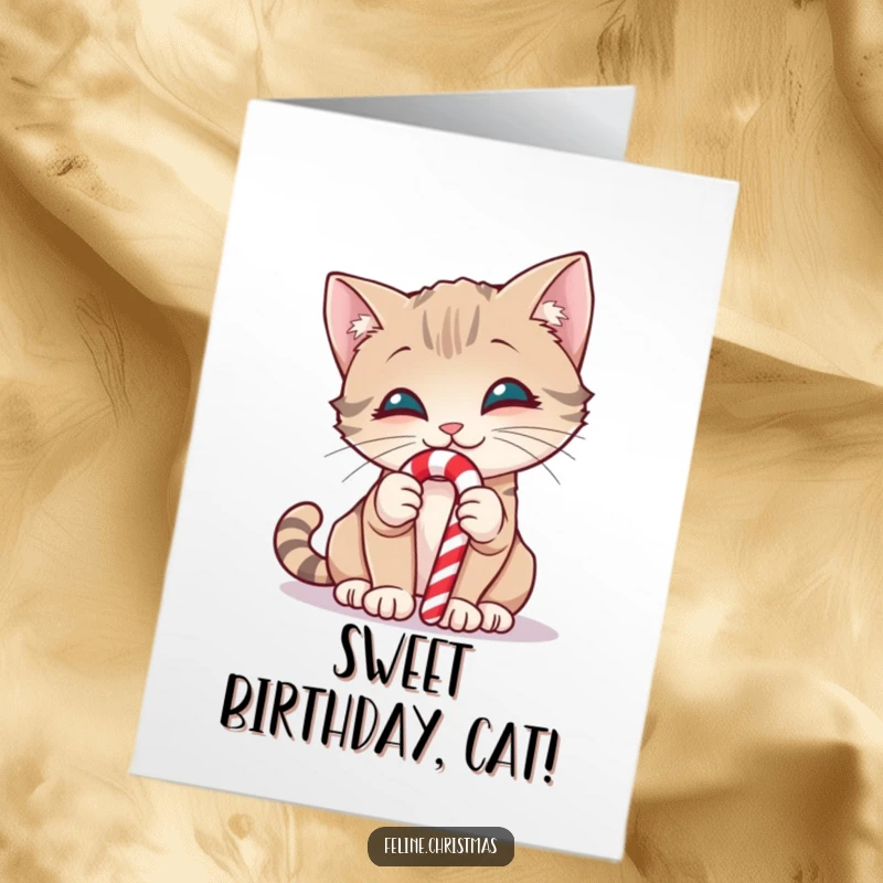 Funny Free Printable Birthday Card: A curious cat smiles while sniffing a red and white striped candy cane.