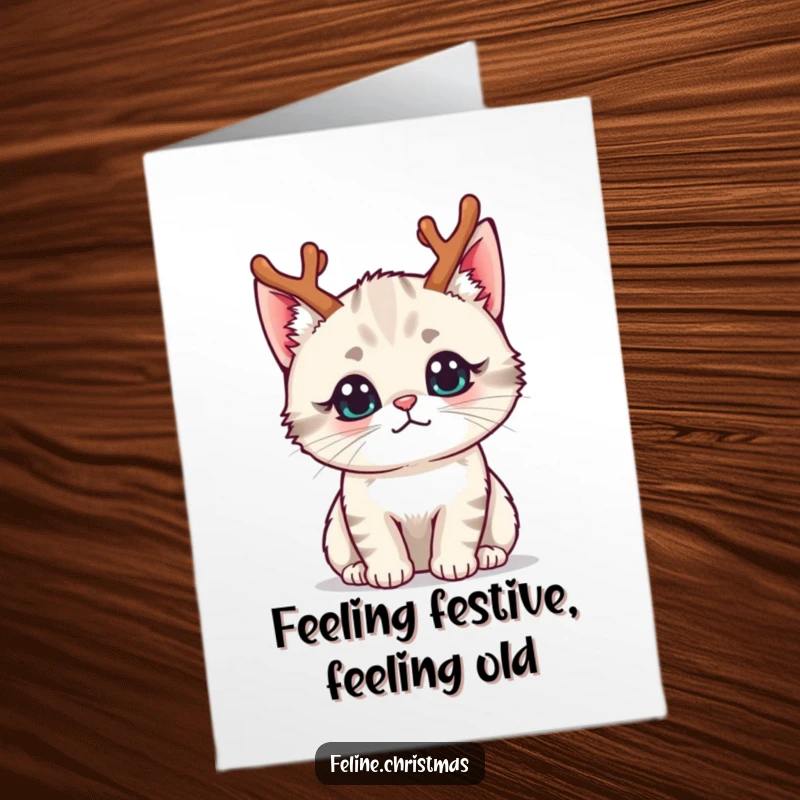 Funny free printable birthday card: Kawaii cat wearing tiny reindeer antlers, looking with a curious expression, ready for fun.