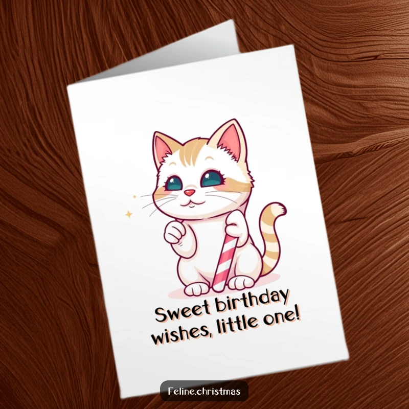 Funny Free Printable Birthday Card: Kawaii cat batting at a magical candy cane, anticipating a sweet birthday treat.