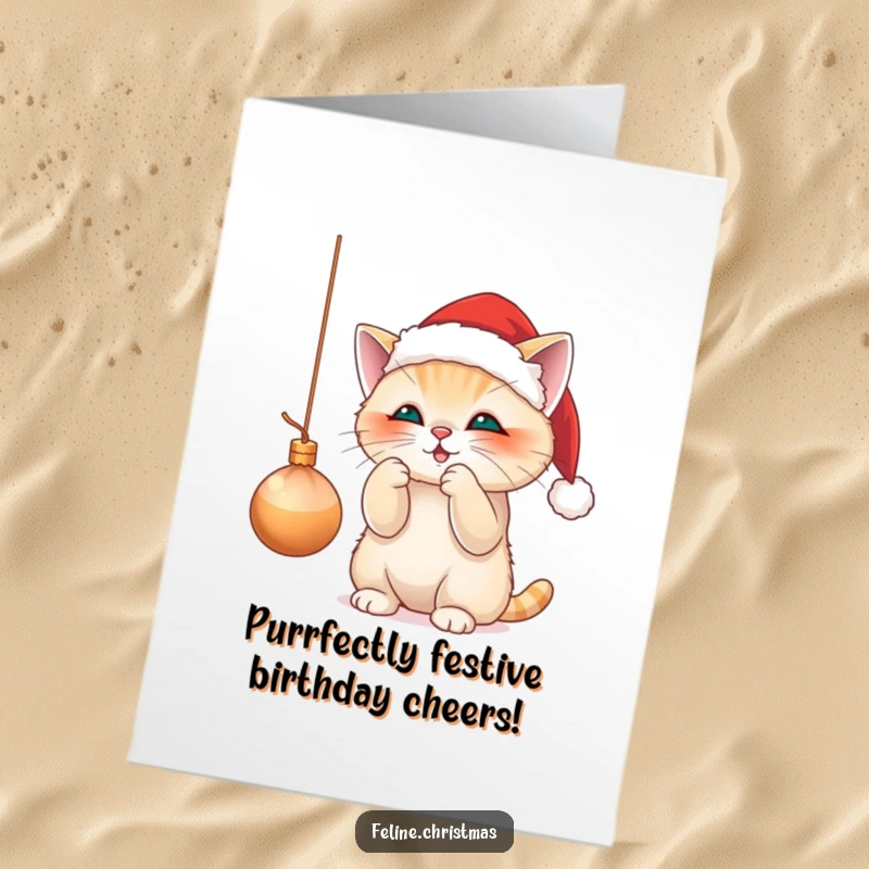 Funny Free Printable Birthday Card: Cute cat in Santa hat playfully batting glittery ornament, perfect holiday cheer.
