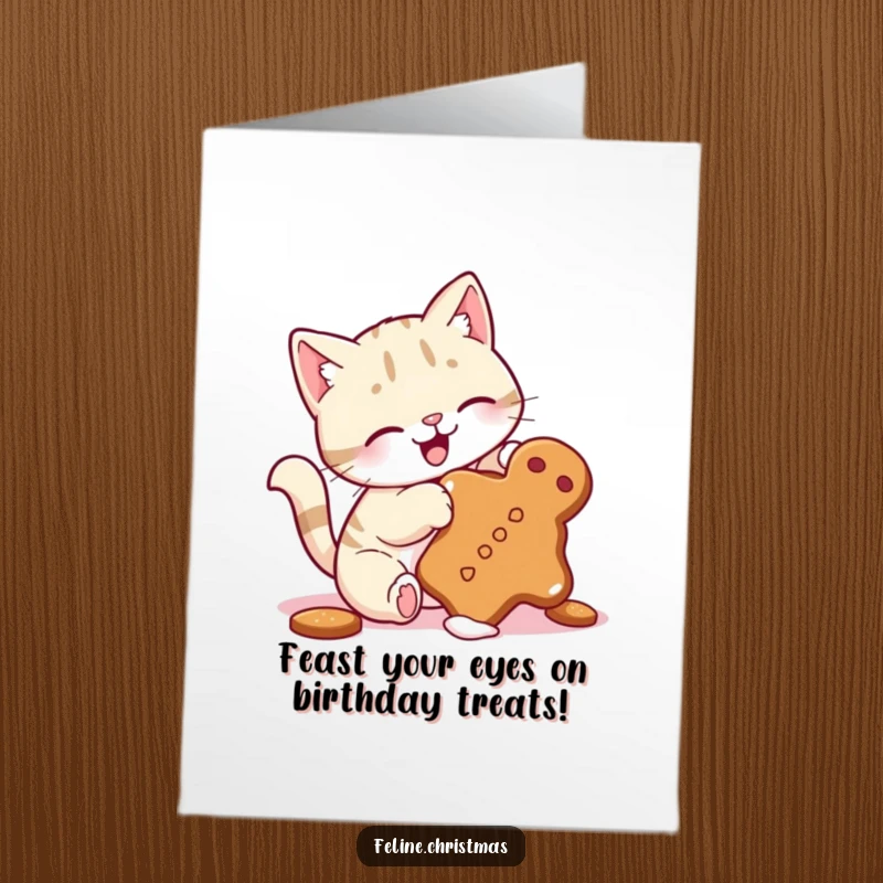 Funny Free Printable Birthday Card: Cute cat with wagging tail playfully batting a tumbling gingerbread cookie.