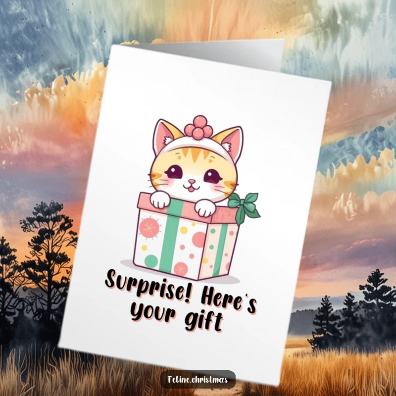 Funny free printable birthday card: Festive kawaii cat peeking curiously out of a decorated gift box, ready for wishes.