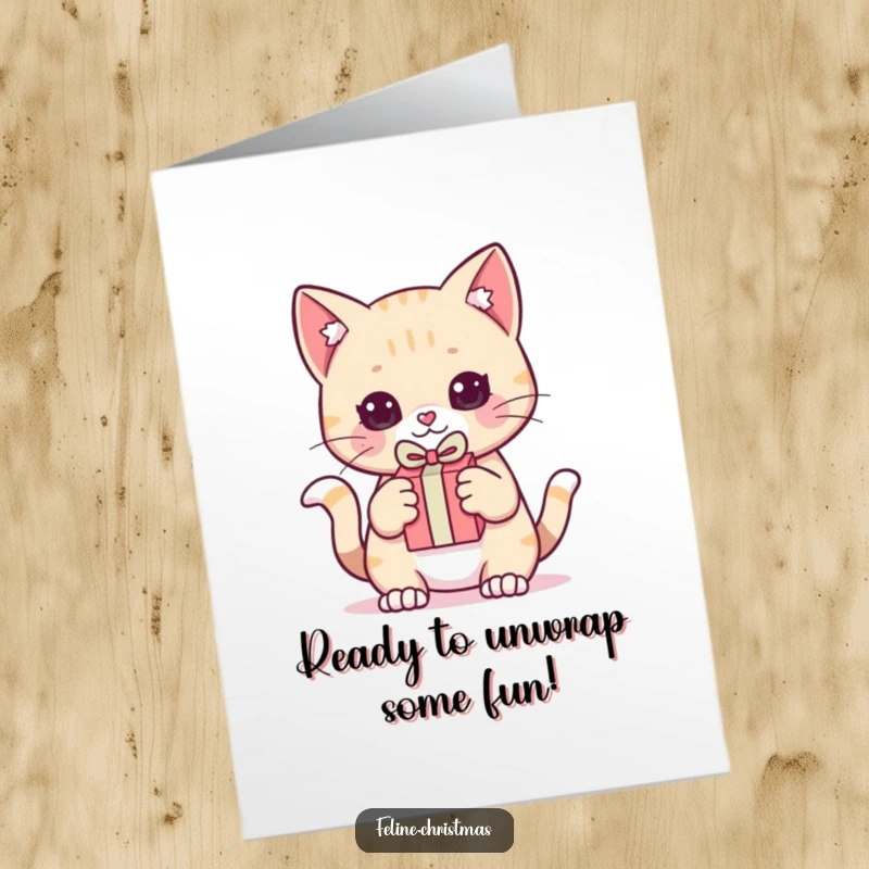 Funny Free Printable Birthday Card: Kawaii cat holding a tiny gift, eyes wide, ready to pounce with birthday excitement.