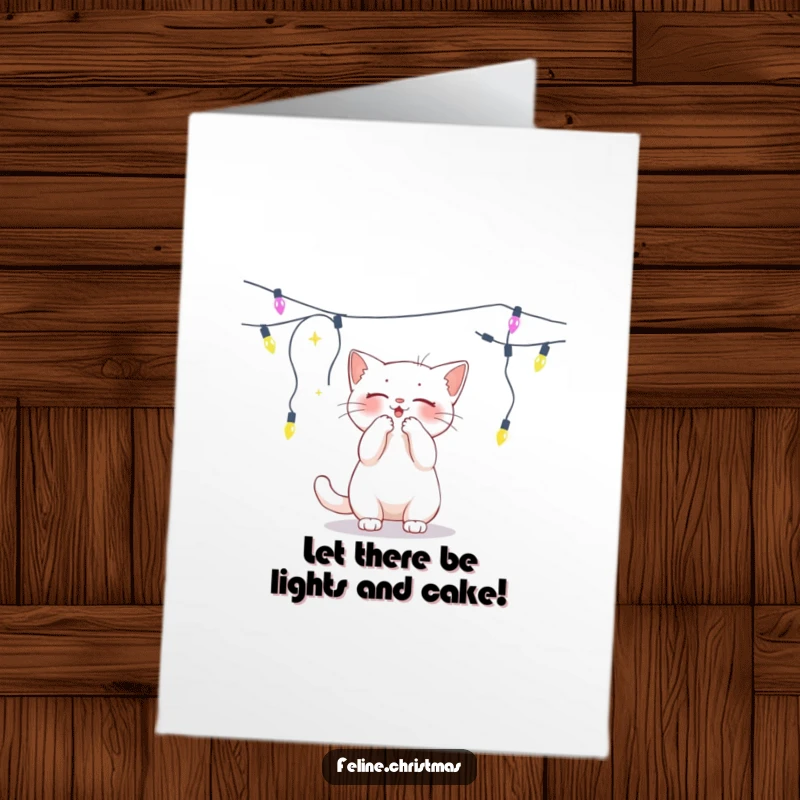 Funny free printable birthday card of a playful white cat batting gleefully at a dangling string of colorful holiday lights.